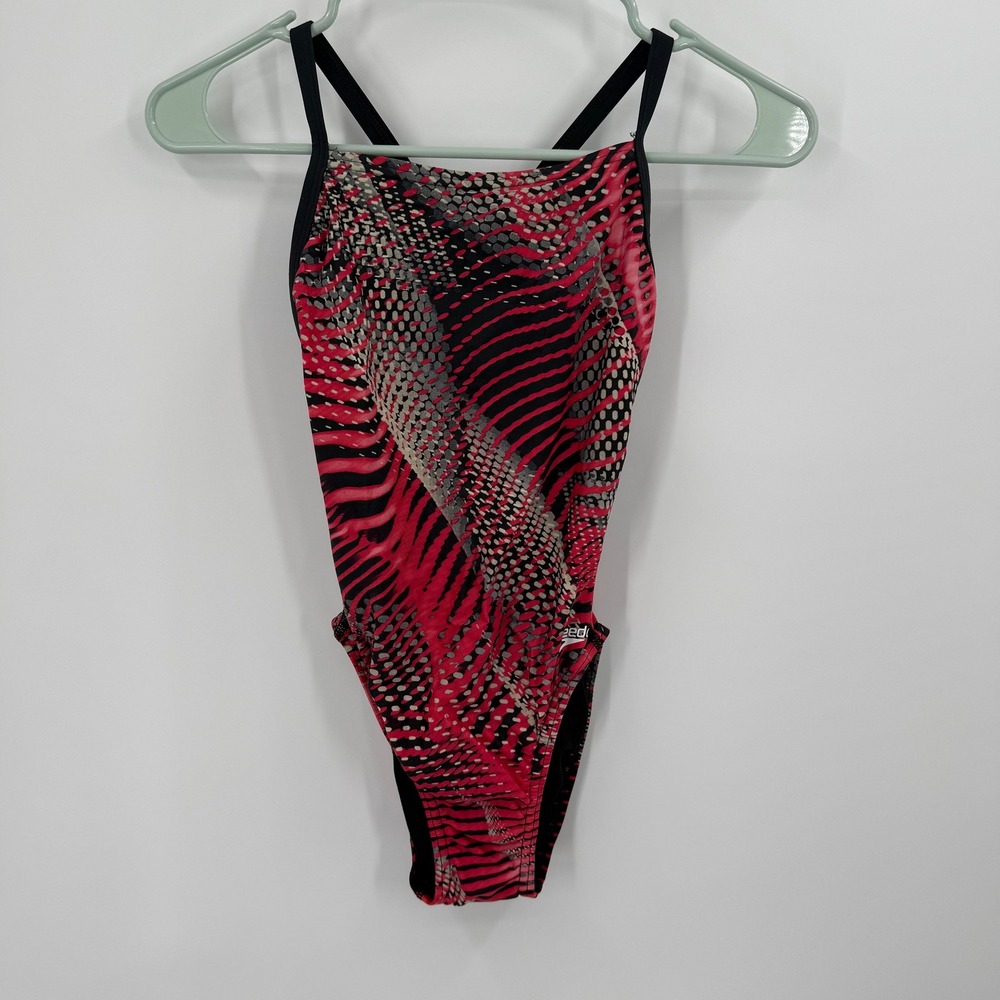 Speedo PowerFLEX Eco Size‎ 30 One Piece Swimsuit Red Black Print Athletic